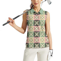 Seamless Pattern Maile and Pikake Lei Women Sleeveless Polo Shirt Squares Maile Leaf - Polynesian Pride