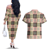 Seamless Pattern Pikake Lei Couples Matching Off The Shoulder Long Sleeve Dress and Hawaiian Shirt Floral Squares Pikake LT9 - Polynesian Pride