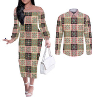 Seamless Pattern Pikake Lei Couples Matching Off The Shoulder Long Sleeve Dress and Long Sleeve Button Shirt Floral Squares Pikake - Polynesian Pride