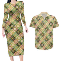 Seamless Pattern Puakenikeni and Kalo Couples Matching Long Sleeve Bodycon Dress and Hawaiian Shirt LT9 Beige - Polynesian Pride