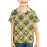 Seamless Pattern Puakenikeni and Kalo Family Matching Off The Shoulder Long Sleeve Dress and Hawaiian Shirt LT9 Son's Shirt Beige - Polynesian Pride