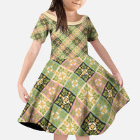 Seamless Pattern Puakenikeni and Kalo Family Matching Off Shoulder Maxi Dress and Hawaiian Shirt LT9 Daughter's Dress Beige - Polynesian Pride