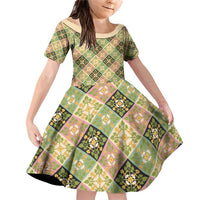 Seamless Pattern Puakenikeni and Kalo Family Matching Off Shoulder Short Dress and Hawaiian Shirt LT9 Daughter's Dress Beige - Polynesian Pride