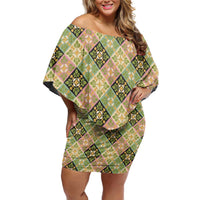 Seamless Pattern Puakenikeni and Kalo Family Matching Off Shoulder Short Dress and Hawaiian Shirt LT9 Mom's Dress Beige - Polynesian Pride