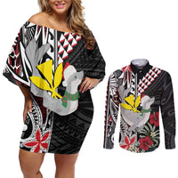Hawaii Monk Seal Santa Couples Matching Off Shoulder Short Dress and Long Sleeve Button Shirt Hibiscus Kakau Pattern Mele Kalikimaka LT9 Black - Polynesian Pride