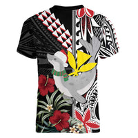 Hawaii Monk Seal Santa Women V-Neck T-Shirt Hibiscus Kakau Pattern Mele Kalikimaka LT9 - Polynesian Pride