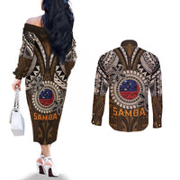 Samoa Warrior Couples Matching Off The Shoulder Long Sleeve Dress and Long Sleeve Button Shirt The Mighty Samoan Warrior Spirit LT9 - Polynesian Pride