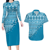 Fiji Marau na Kerisimasi Couples Matching Long Sleeve Bodycon Dress and Hawaiian Shirt Aqua Tagimoucia Tapa Masi Tribal LT9 Aqua - Polynesian Pride