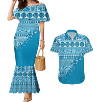 Fiji Marau na Kerisimasi Couples Matching Mermaid Dress and Hawaiian Shirt Aqua Tagimoucia Tapa Masi Tribal LT9 Aqua - Polynesian Pride