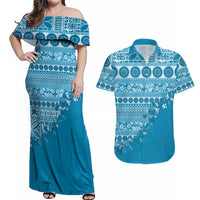 Fiji Marau na Kerisimasi Couples Matching Off Shoulder Maxi Dress and Hawaiian Shirt Aqua Tagimoucia Tapa Masi Tribal LT9 Aqua - Polynesian Pride