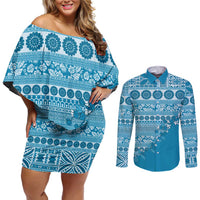 Fiji Marau na Kerisimasi Couples Matching Off Shoulder Short Dress and Long Sleeve Button Shirt Aqua Tagimoucia Tapa Masi Tribal LT9 Aqua - Polynesian Pride