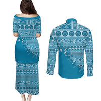 Fiji Marau na Kerisimasi Couples Matching Puletasi and Long Sleeve Button Shirt Aqua Tagimoucia Tapa Masi Tribal LT9 - Polynesian Pride