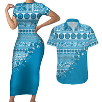 Fiji Marau na Kerisimasi Couples Matching Short Sleeve Bodycon Dress and Hawaiian Shirt Aqua Tagimoucia Tapa Masi Tribal LT9 Aqua - Polynesian Pride