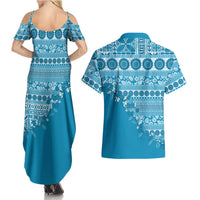 Fiji Marau na Kerisimasi Couples Matching Summer Maxi Dress and Hawaiian Shirt Aqua Tagimoucia Tapa Masi Tribal LT9 - Polynesian Pride