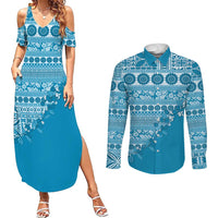 Fiji Marau na Kerisimasi Couples Matching Summer Maxi Dress and Long Sleeve Button Shirt Aqua Tagimoucia Tapa Masi Tribal LT9 Aqua - Polynesian Pride