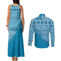 Fiji Marau na Kerisimasi Couples Matching Tank Maxi Dress and Long Sleeve Button Shirt Aqua Tagimoucia Tapa Masi Tribal LT9 - Polynesian Pride