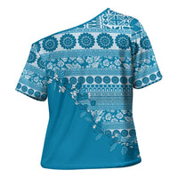 Fiji Marau na Kerisimasi Cross Shoulder Shirt Aqua Tagimoucia Tapa Masi Tribal LT9 - Polynesian Pride