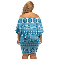 Fiji Marau na Kerisimasi Family Matching Off Shoulder Short Dress and Hawaiian Shirt Aqua Tagimoucia Tapa Masi Tribal LT9 - Polynesian Pride