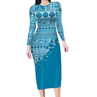 Fiji Marau na Kerisimasi Long Sleeve Bodycon Dress Aqua Tagimoucia Tapa Masi Tribal LT9 Long Dress Aqua - Polynesian Pride