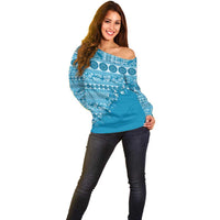 Fiji Marau na Kerisimasi Off Shoulder Sweater Aqua Tagimoucia Tapa Masi Tribal LT9 - Polynesian Pride