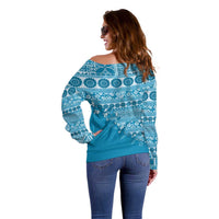 Fiji Marau na Kerisimasi Off Shoulder Sweater Aqua Tagimoucia Tapa Masi Tribal LT9 - Polynesian Pride