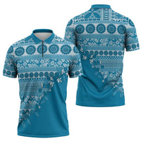 Fiji Marau na Kerisimasi Zipper Polo Shirt Aqua Tagimoucia Tapa Masi Tribal LT9 - Polynesian Pride