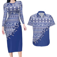 Fiji Marau na Kerisimasi Couples Matching Long Sleeve Bodycon Dress and Hawaiian Shirt Blue Tagimoucia Tapa Masi Tribal LT9 Blue - Polynesian Pride