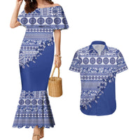 Fiji Marau na Kerisimasi Couples Matching Mermaid Dress and Hawaiian Shirt Blue Tagimoucia Tapa Masi Tribal LT9 Blue - Polynesian Pride