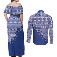 Fiji Marau na Kerisimasi Couples Matching Off Shoulder Maxi Dress and Long Sleeve Button Shirt Blue Tagimoucia Tapa Masi Tribal LT9 - Polynesian Pride