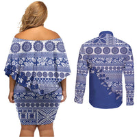 Fiji Marau na Kerisimasi Couples Matching Off Shoulder Short Dress and Long Sleeve Button Shirt Blue Tagimoucia Tapa Masi Tribal LT9 - Polynesian Pride