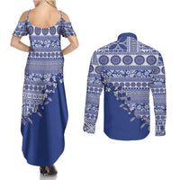 Fiji Marau na Kerisimasi Couples Matching Summer Maxi Dress and Long Sleeve Button Shirt Blue Tagimoucia Tapa Masi Tribal LT9 - Polynesian Pride