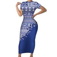 Fiji Marau na Kerisimasi Family Matching Short Sleeve Bodycon Dress and Hawaiian Shirt Blue Tagimoucia Tapa Masi Tribal LT9 Mom's Dress Blue - Polynesian Pride