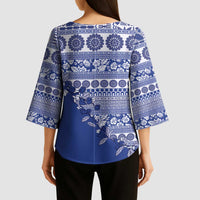 Fiji Marau na Kerisimasi Kimono Sleeve Blouse Blue Tagimoucia Tapa Masi Tribal LT9 - Polynesian Pride