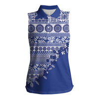 Fiji Marau na Kerisimasi Women Sleeveless Polo Shirt Blue Tagimoucia Tapa Masi Tribal LT9 Female Blue - Polynesian Pride