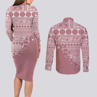 Fiji Marau na Kerisimasi Couples Matching Long Sleeve Bodycon Dress and Long Sleeve Button Shirt Dusty Rose Tagimoucia Tapa Masi Tribal LT9 - Polynesian Pride