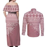 Fiji Marau na Kerisimasi Couples Matching Off Shoulder Maxi Dress and Long Sleeve Button Shirt Dusty Rose Tagimoucia Tapa Masi Tribal LT9 - Polynesian Pride