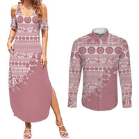 Fiji Marau na Kerisimasi Couples Matching Summer Maxi Dress and Long Sleeve Button Shirt Dusty Rose Tagimoucia Tapa Masi Tribal LT9 Pink - Polynesian Pride