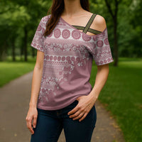 Fiji Marau na Kerisimasi Cross Shoulder Shirt Dusty Rose Tagimoucia Tapa Masi Tribal LT9 - Polynesian Pride
