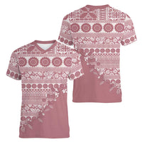 Fiji Marau na Kerisimasi Women V-Neck T-Shirt Dusty Rose Tagimoucia Tapa Masi Tribal LT9 - Polynesian Pride
