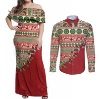 Fiji Marau na Kerisimasi Couples Matching Off Shoulder Maxi Dress and Long Sleeve Button Shirt Red Tagimoucia Tapa Masi Tribal LT9 Red - Polynesian Pride