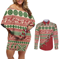 Fiji Marau na Kerisimasi Couples Matching Off Shoulder Short Dress and Long Sleeve Button Shirt Red Tagimoucia Tapa Masi Tribal LT9 Red - Polynesian Pride