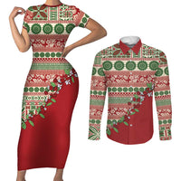 Fiji Marau na Kerisimasi Couples Matching Short Sleeve Bodycon Dress and Long Sleeve Button Shirt Red Tagimoucia Tapa Masi Tribal LT9 Red - Polynesian Pride