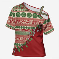 Fiji Marau na Kerisimasi Cross Shoulder Shirt Red Tagimoucia Tapa Masi Tribal LT9 Female Red - Polynesian Pride