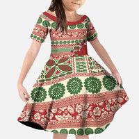 Fiji Marau na Kerisimasi Family Matching Summer Maxi Dress and Hawaiian Shirt Red Tagimoucia Tapa Masi Tribal LT9 Daughter's Dress Red - Polynesian Pride