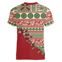 Fiji Marau na Kerisimasi Women V-Neck T-Shirt Red Tagimoucia Tapa Masi Tribal LT9 - Polynesian Pride