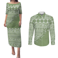 Fiji Marau na Kerisimasi Couples Matching Puletasi and Long Sleeve Button Shirt Sage Green Tagimoucia Tapa Masi Tribal LT9 Green - Polynesian Pride