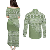Fiji Marau na Kerisimasi Couples Matching Puletasi and Long Sleeve Button Shirt Sage Green Tagimoucia Tapa Masi Tribal LT9 - Polynesian Pride