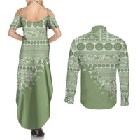 Fiji Marau na Kerisimasi Couples Matching Summer Maxi Dress and Long Sleeve Button Shirt Sage Green Tagimoucia Tapa Masi Tribal LT9 - Polynesian Pride