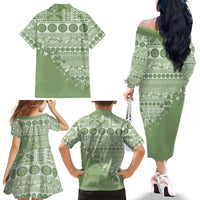 Fiji Marau na Kerisimasi Family Matching Off The Shoulder Long Sleeve Dress and Hawaiian Shirt Sage Green Tagimoucia Tapa Masi Tribal LT9 - Polynesian Pride