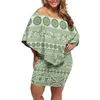 Fiji Marau na Kerisimasi Family Matching Off Shoulder Short Dress and Hawaiian Shirt Sage Green Tagimoucia Tapa Masi Tribal LT9 Mom's Dress Green - Polynesian Pride